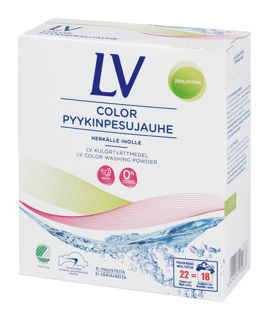 Valkoinen LV Color pyykinpesujauheen pahvipakkaus, jonka kannessa värikäs kuvasommitelma